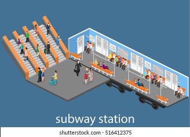 Isometric flat 3D concept vector interior of metro subway train carriage. underground station