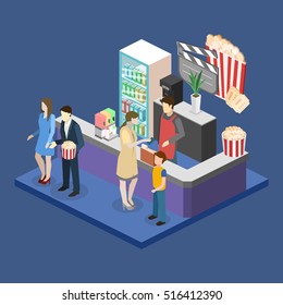 Isometric flat 3D concept vector interior of cinema waiting hall. cinema cafe