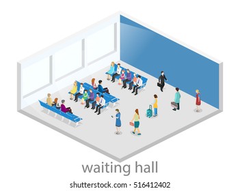 Isometric flat 3D concept vector interior of waiting room in airport . living room inside. people waiting for the start of landing on aircraft