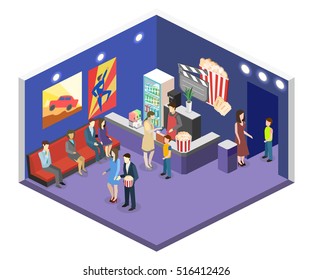 Isometric flat 3D concept vector interior of cinema waiting hall. cinema cafe