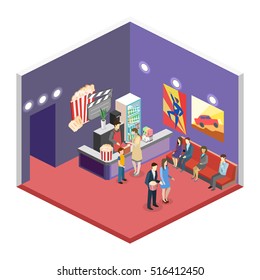 Isometric flat 3D concept vector interior of cinema waiting hall. cinema cafe