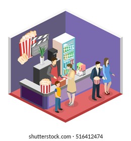 Isometric flat 3D concept vector interior of cinema waiting hall. cinema cafe