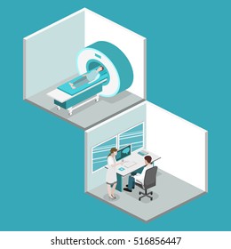 Isometric flat 3D concept vector hospital medical mri web illustration. Nuclear magnetic resonance imaging tomography room interior.