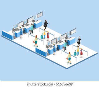 Isometric flat 3D concept vector interior of airport check-in.