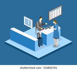 Isometric flat 3D concept vector interior of airport check-in.
