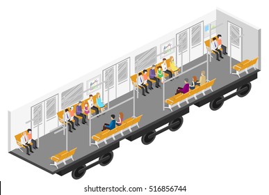 Isometric flat 3D concept vector interior of metro subway train carriage. underground station