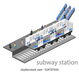 Isometric flat 3D concept vector interior of metro subway train carriage. underground station