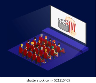 Isometric flat 3D concept vector interior of cinema hall. people watching a movie