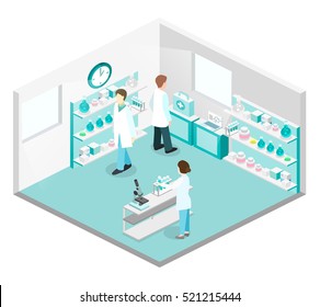 Isometric flat 3D concept vector interior of science laboratory. medical research pharmaceutical illustration