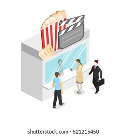 Isometric Flat 3D Concept Vector Interior Of Cinema Theater Box Office