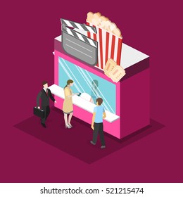 Isometric Flat 3D Concept Vector Interior Of Cinema Theater Box Office