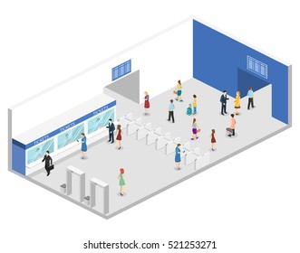 Isometric flat 3D concept vector interior of metro subway train station. underground station
