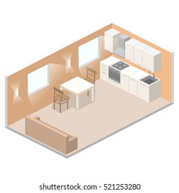 Isometric flat 3D concept vector interior of studio apartments. living room inside
