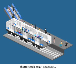 Isometric flat 3D concept vector interior of metro subway train carriage. underground station