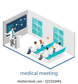 Isometric flat 3D concept vector of conference medical doctor clinic research training. Isometry People Image
