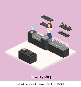 Isometric flat 3D concept vector illustration interior of jewelry store.