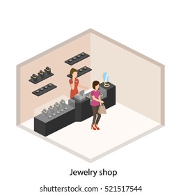 Isometric flat 3D concept vector illustration interior of jewelry store.