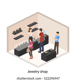 Isometric flat 3D concept vector illustration interior of jewelry store.