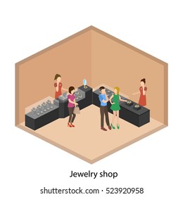 Isometric flat 3D concept vector illustration interior of jewelry store.