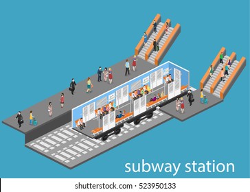 Isometric flat 3D concept vector interior of metro subway train carriage. underground station