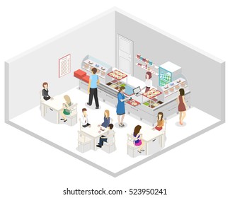 Isometric flat 3D concept vector interior of a coffee shop or canteen. People sit at the table and eating.