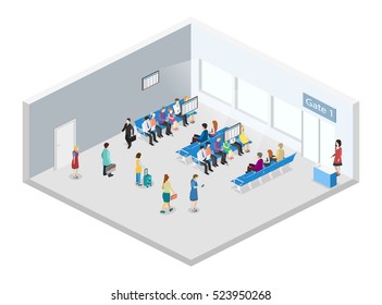 Isometric flat 3D concept vector interior of waiting room in airport . living room inside. people waiting for the start of landing on aircraft