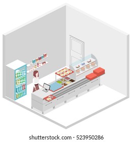 Isometric flat 3D concept vector interior of a coffee shop or canteen.
