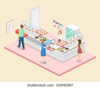 Isometric flat 3D concept vector interior of a coffee shop or canteen.