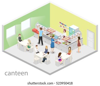 Isometric flat 3D concept vector interior of a coffee shop or canteen. People sit at the table and eating.