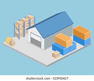 Isometric flat 3D concept vector warehouse outside. The boxes are on the shelves.