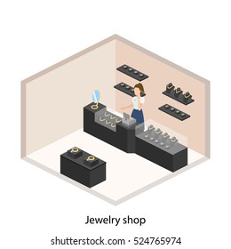 Isometric flat 3D concept vector illustration interior of jewelry store.