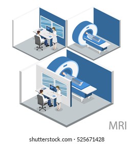 Isometric flat 3D concept vector hospital medical mri web illustration. Nuclear magnetic resonance imaging tomography room interior.