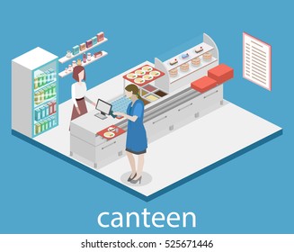 Isometric flat 3D concept vector interior of a coffee shop or canteen.