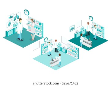 Isometric flat 3D concept vector interior of science laboratory. medical research pharmaceutical illustration