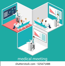 Isometric flat 3D concept vector of conference medical doctor clinic research training. Isometry People Image