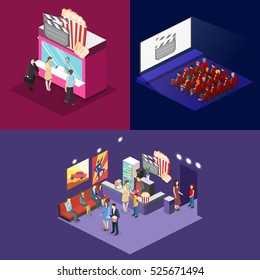 Isometric flat 3D concept vector interior of cinema hall,cafe, ticket office. people watching a movie