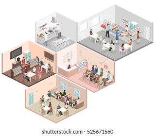 Isometric Flat 3D Concept Vector Interior Of Sweet-shop, Cafe, Canteen And Restaurant Kitchen. People Sit At The Table And Eating. Flat 3D Illustration