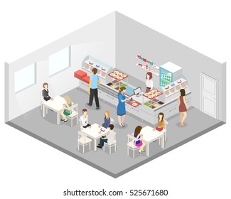 Concepto isométrico 3D vectorial interior de una cafetería o cantina. La gente se sienta a la mesa y come.