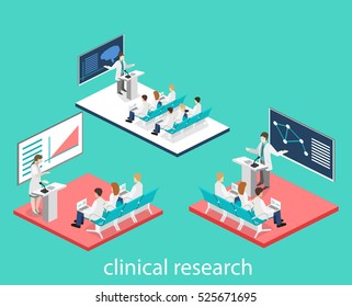 Isometric Flat 3D Concept Vector Of Conference Medical Doctor Clinic Research Training. Isometry People Image