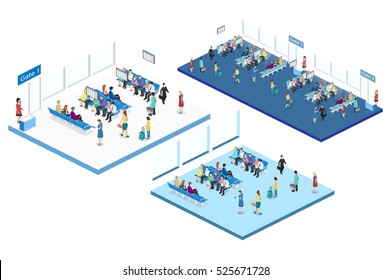 Isometric flat 3D concept vector interior of waiting room in airport . living room inside. people waiting for the start of landing on aircraft