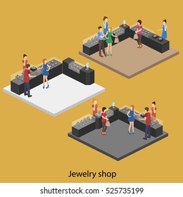 Isometric flat 3D concept vector illustration set of collection interior of jewelry store.