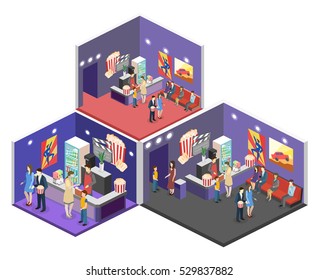 Isometric flat 3D concept vector interior of cinema waiting hall.