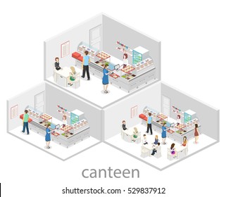 Isometric flat 3D concept vector interior of a coffee shop or canteen. People sit at the table and eating.