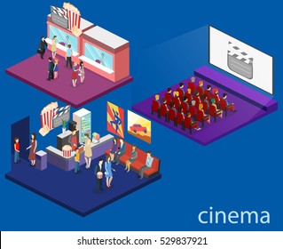 Isometric flat 3D concept vector interior of cinema hall,cafe, ticket offoce. people watching a movie