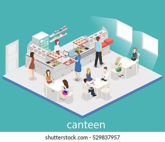 Isometric flat 3D concept vector interior of a coffee shop or canteen. People sit at the table and eating.