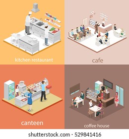 Isométrico concepto 3D vectorial interior de dulce-tienda, café, comedor y cocina de restaurante. La gente se sienta a la mesa y come. Ilustración 3D plana