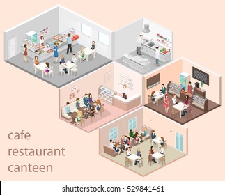 Isometric flat 3D concept vector interior of sweet-shop, cafe, canteen and restaurant kitchen. People sit at the table and eating. Flat 3D illustration