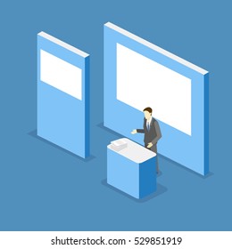 Isometric flat 3D concept vector exhibition or promotion stand. Trade show booth