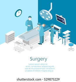 Isometric flat 3D concept vector interior of Surgery Department. Hospital Plastic Surgery Operating Theater Medical Doctor Surgeon and Patient Surgery Infographic.