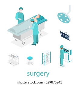 Isometric flat 3D concept vector interior of Surgery Department. Hospital Plastic Surgery Operating Theater Medical Doctor Surgeon and Patient Surgery Infographic.